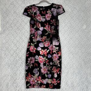 Vtg Y2K Betsey Johnson Sheath Dress 4 Black Floral Foil Metallic Rockabilly Twee